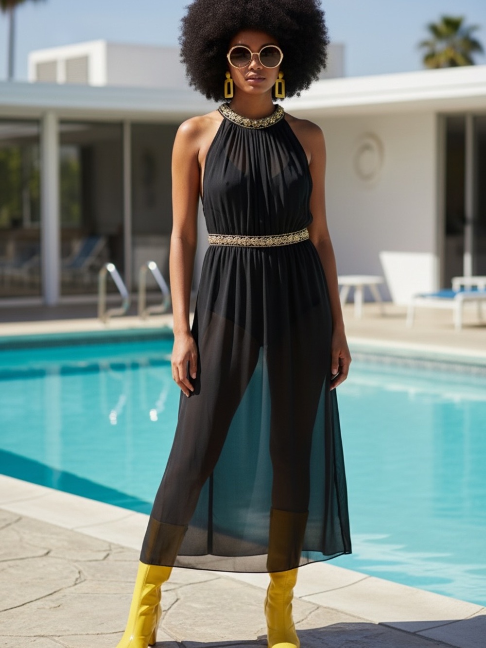 Vintage 60s Grecian goddess sheer Black Maxi Dress with metallic Trim